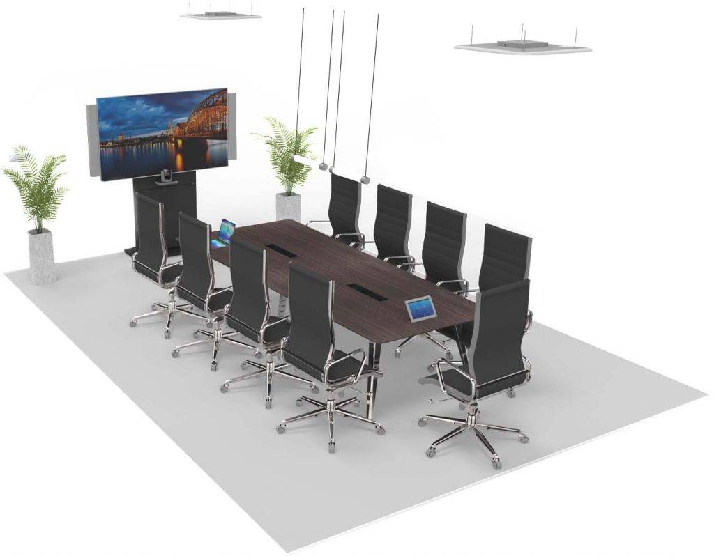 Modern video conferencing setup in a meeting room with large screen and elegant seating